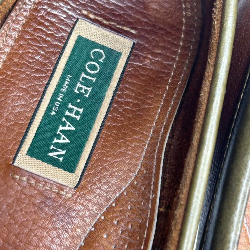 VTG Cole Haan Mens Made in USA Brown Leather Tassel Kiltie Loafers Green Trim 10